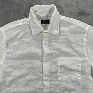 Neiman Marcus Linen Button Down Shirt Mens M White Short Sleeve Fair Stained